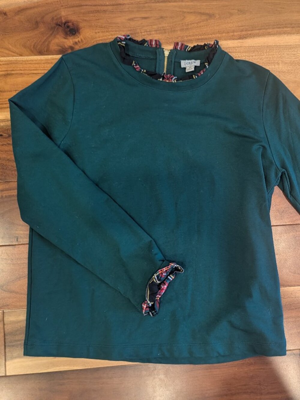 J.Crew Factory Tartan Ruffle Collar Pullover Top Forest Green - Medium
